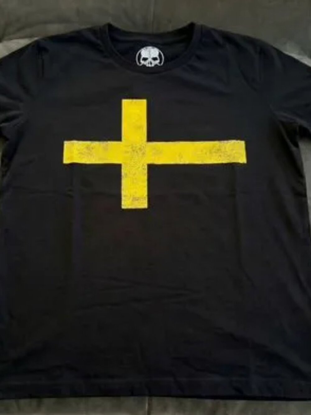Black Graphic T-Shirt with Yellow Cross Print